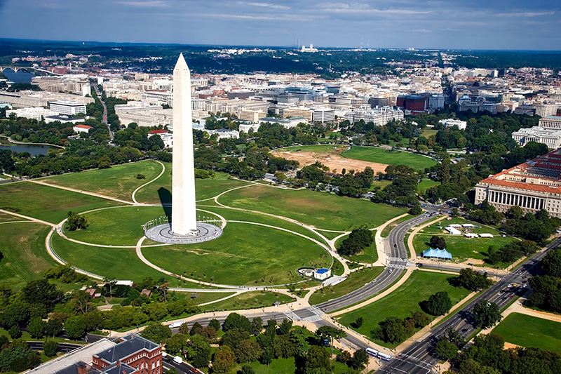 Aerial view of Washington DC, lots of green space 