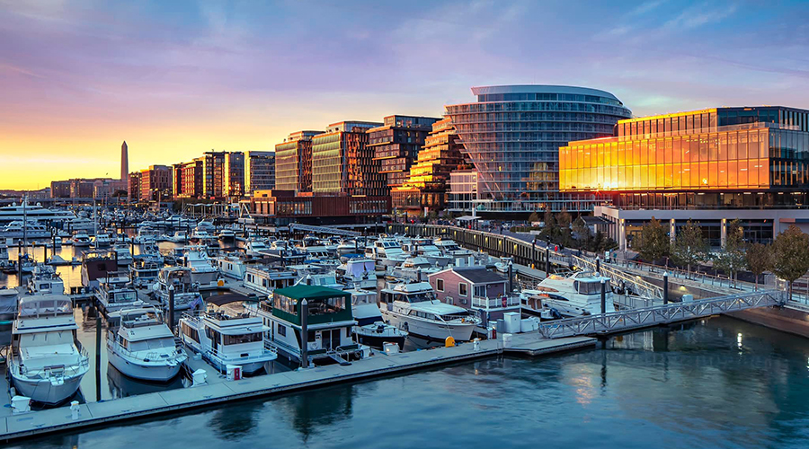 Sunset on the skyline of The Wharf including Phase Two