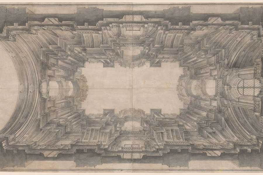Andrea Pozzo, Illusionistic Architecture for the Vault of San Ignazio (detail), 1685/1690, pen and gray and brown ink with gray wash on two joined sheets of heavy laid paper, overall: 50.4 x 91.2 cm (19 13/16 x 35 7/8 in.), National Gallery of Art, Washington, Gift of Robert M. and Anne T. Bass, 1994.16.1