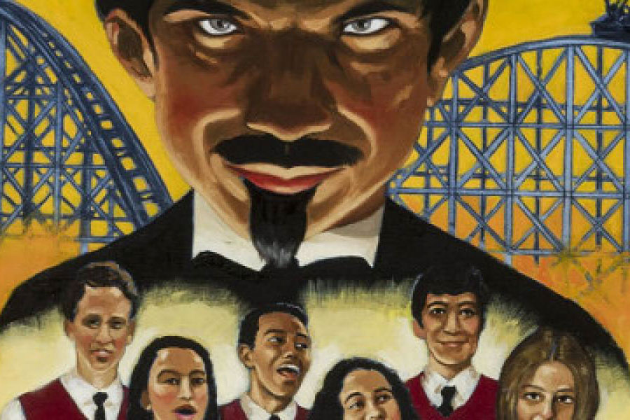 Group of people in front of rollercoaster for poster of musical "Ride the Cyclone"