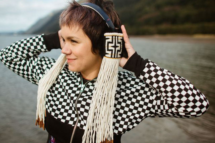 Lily Hope, Memorial Beats, 2021, thigh-spun merino and cedar bark with copper, headphones, and audio files