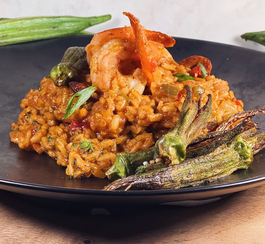 Chef Nay's Bluegrass Risotto, featuring andouille sausage, shrimp and chicken garnished with fried okra.