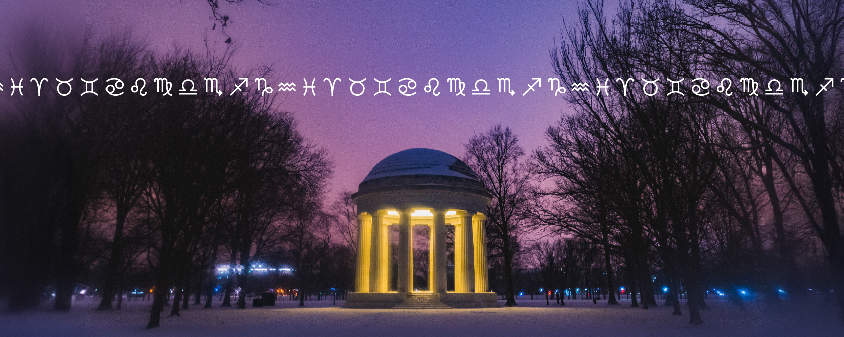 A photo of the DC War Memorial glowing against a purple night sky with icons of each zodiac sign incorporated into the background.