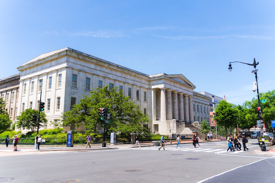 The exterior of the Smithsonian American Art Museum and National Portrait Gallery on a sunny day in DC.R