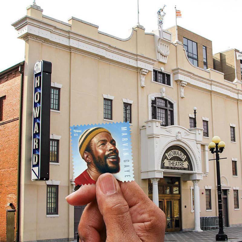 @uspostalservice - Marvin Gaye stamp pictured in front of the Howard Theatre in DC's Shaw neighborhood