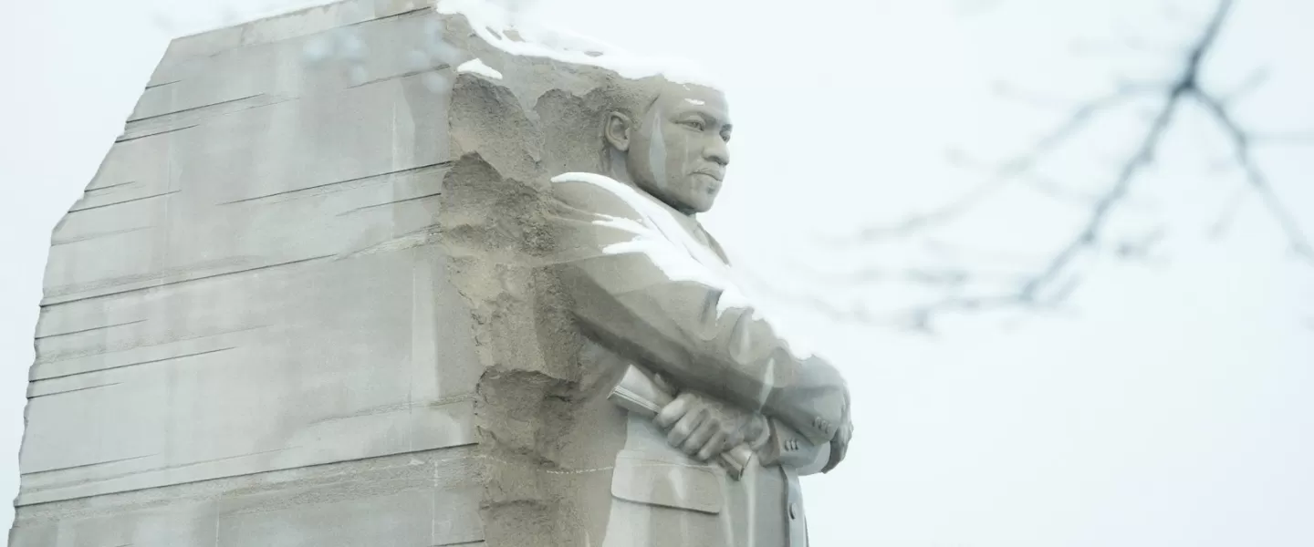 Martin Luther King Jr Memorial in Washington, DC with a coat of snow. 