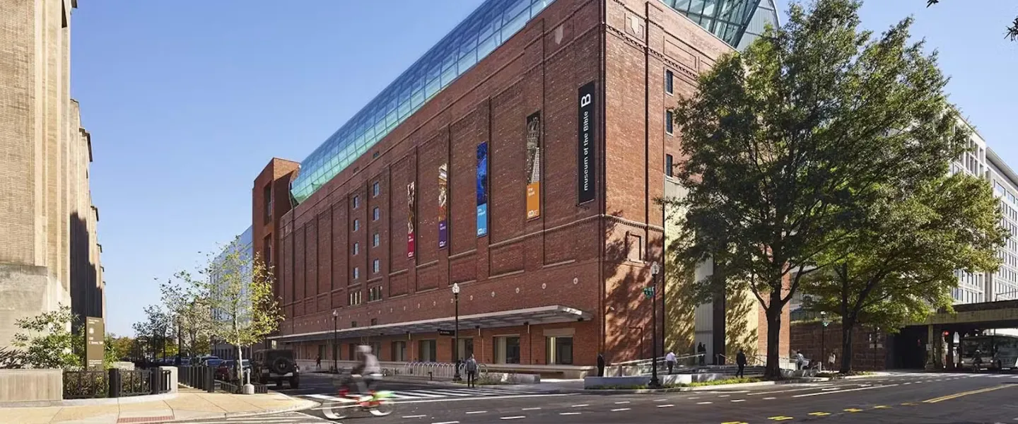 The exterior of the Museum of the Bible in Washington, DC on a sunny day. 