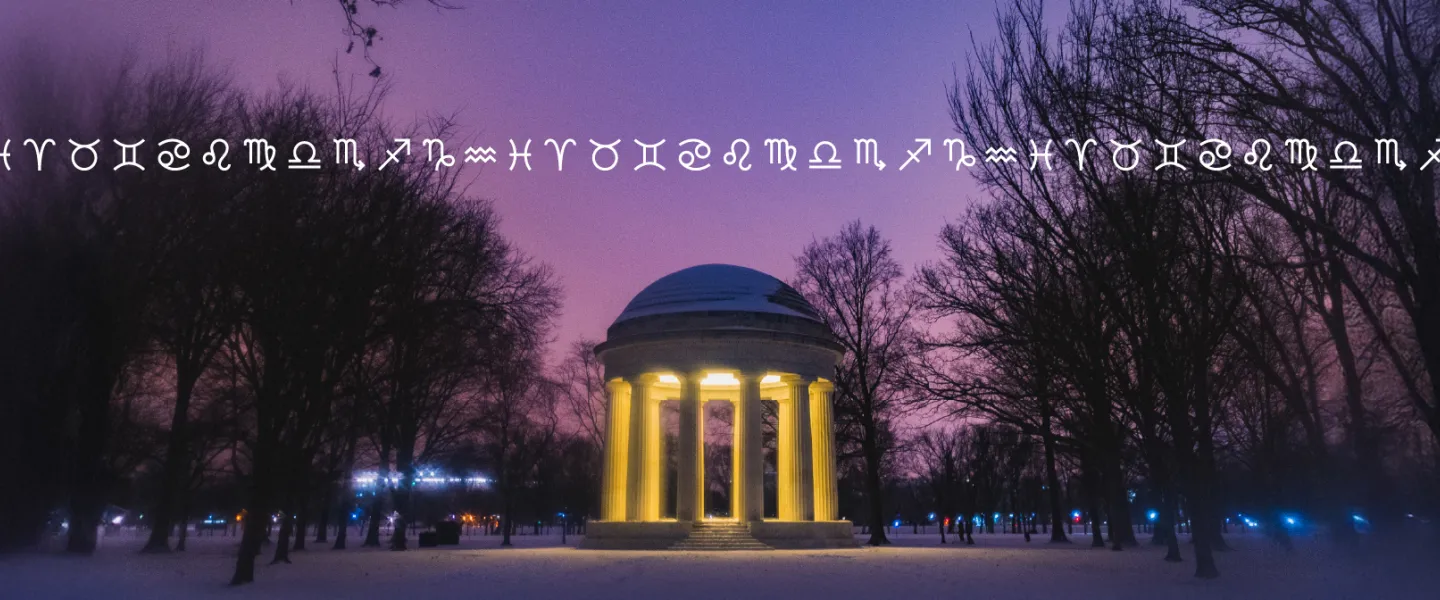A photo of the DC War Memorial glowing against a purple night sky with icons of each zodiac sign incorporated into the background.