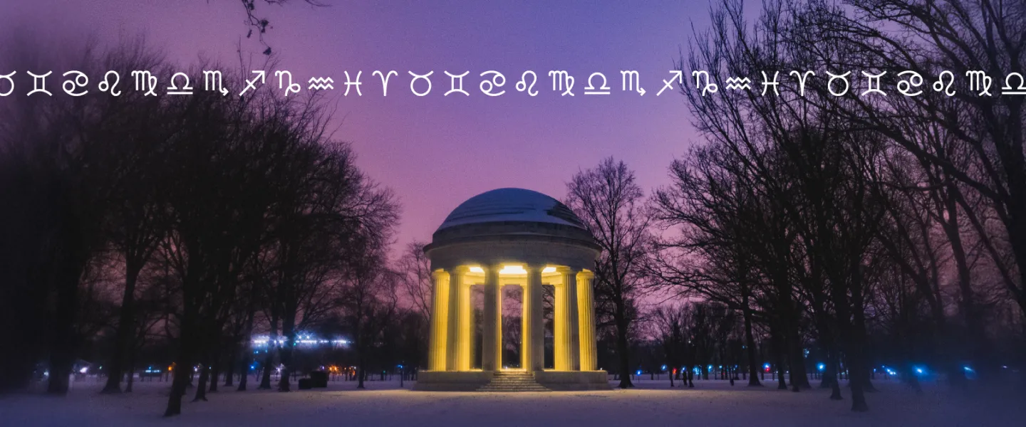 A photo of the DC War Memorial glowing against a purple night sky with icons of each zodiac sign incorporated into the background.