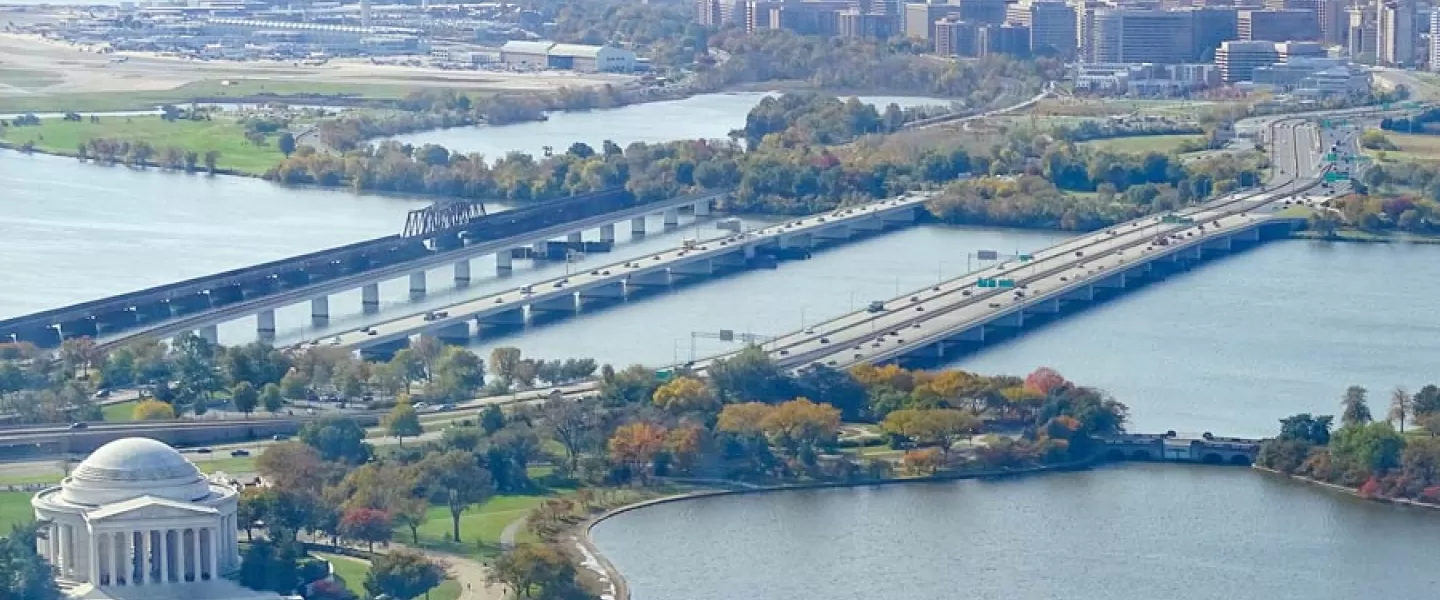 Washington, DC-area waterfront destinations - Aerial view of Potomac River and Jefferson Memorial