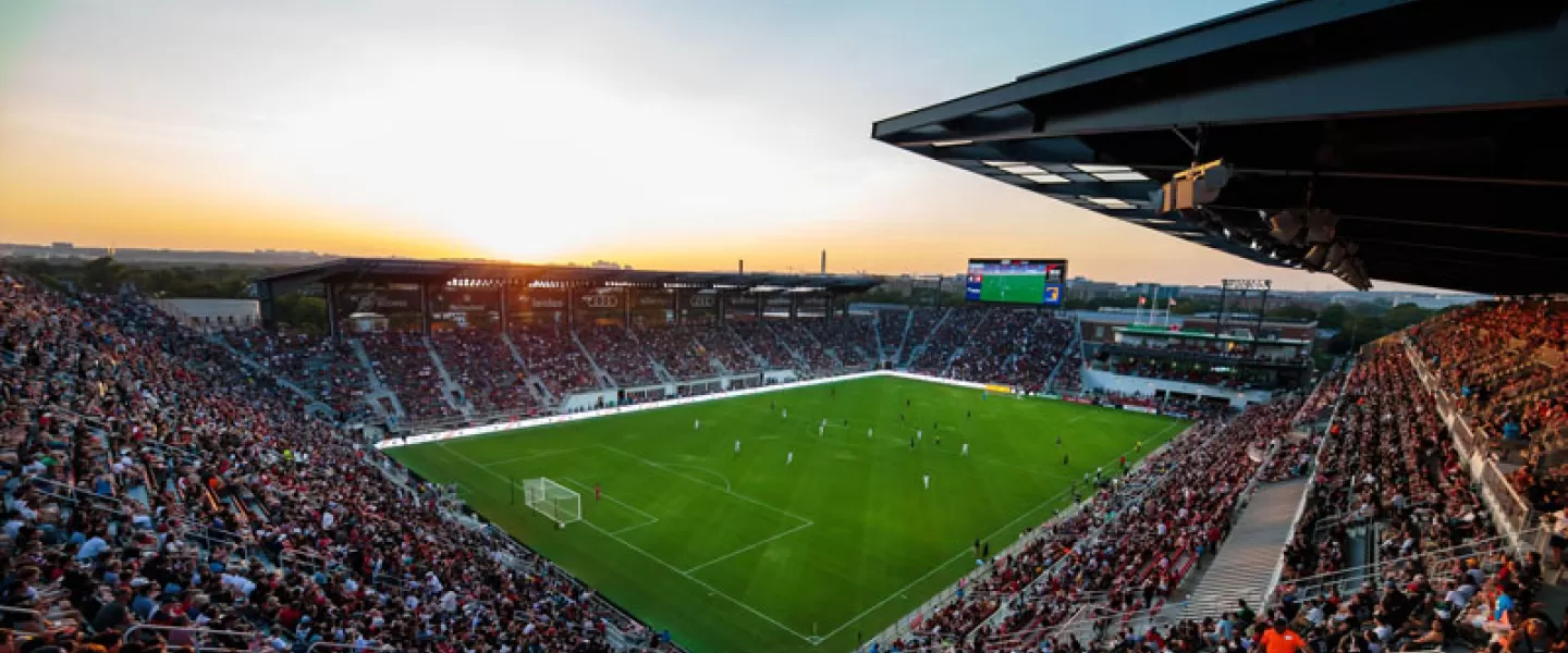 @dcunited - Audi Field at sunset during a D.C. United professional soccer game - Sports venues in Washington, DC