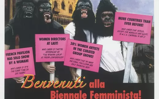 Graphic with gorillas holding signs for "Girls Making Trouble" 
