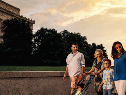Family strolling by Lincoln Memorial