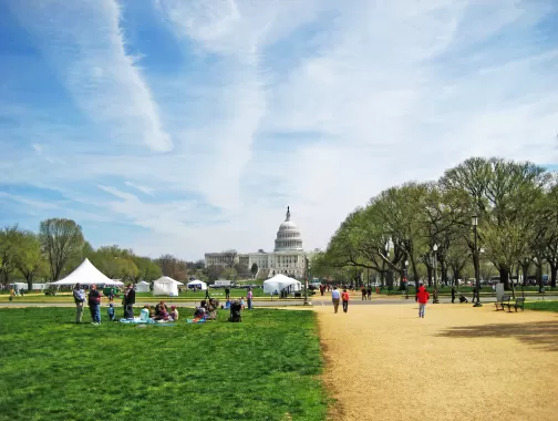 National Mall with the Capitol in the distance and people on the lawn
