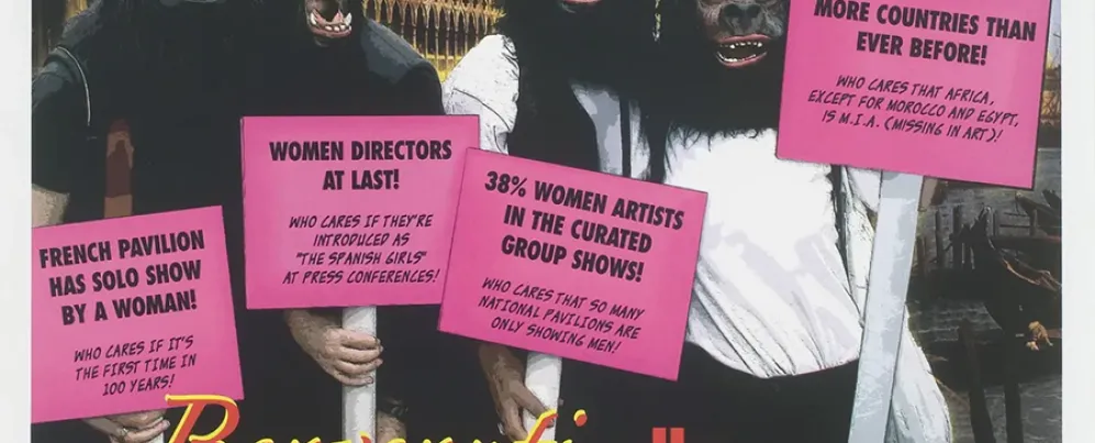 Graphic with gorillas holding signs for "Girls Making Trouble" 