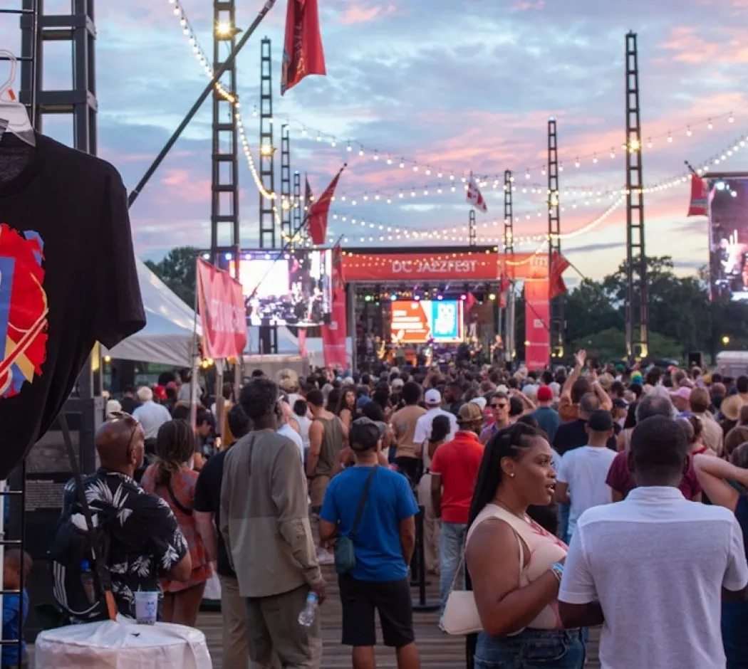 Crowds attend a vibrant jazz festival on the Wharf in Washington, DC.